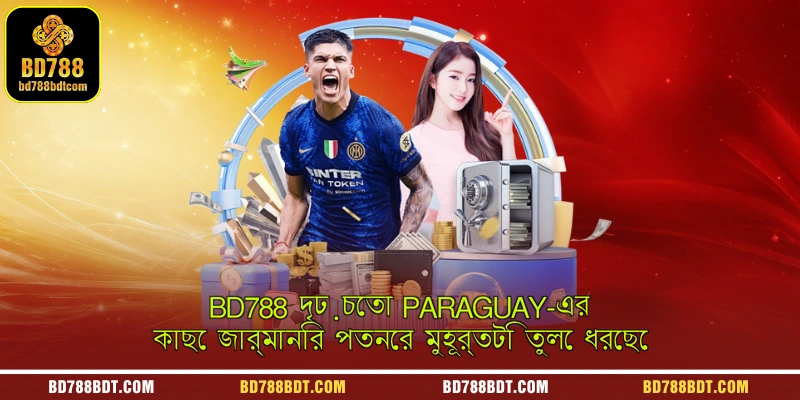 A dynamic sports betting graphic on BD788 capturing the shocking moment of Germany's fall to a highly resolute Paraguay team