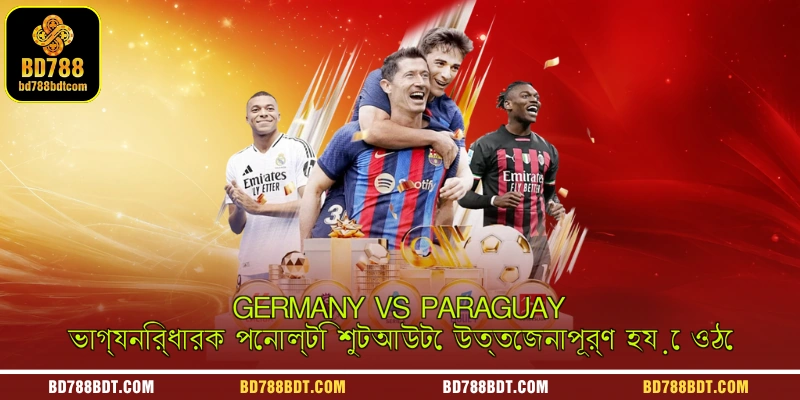 A high-stakes sports betting graphic depicting the tense decisive penalty shootout in the Germany vs Paraguay football match