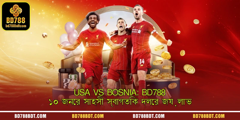 A dynamic sports betting graphic on BD788 celebrating the courageous victory of the 10-man host team in the USA vs Bosnia match