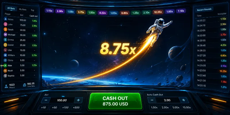 Virtual astronaut crash game interface highlighting foundational mechanics, analytical tools, and the intense psychological element of risk versus reward as multipliers climb.